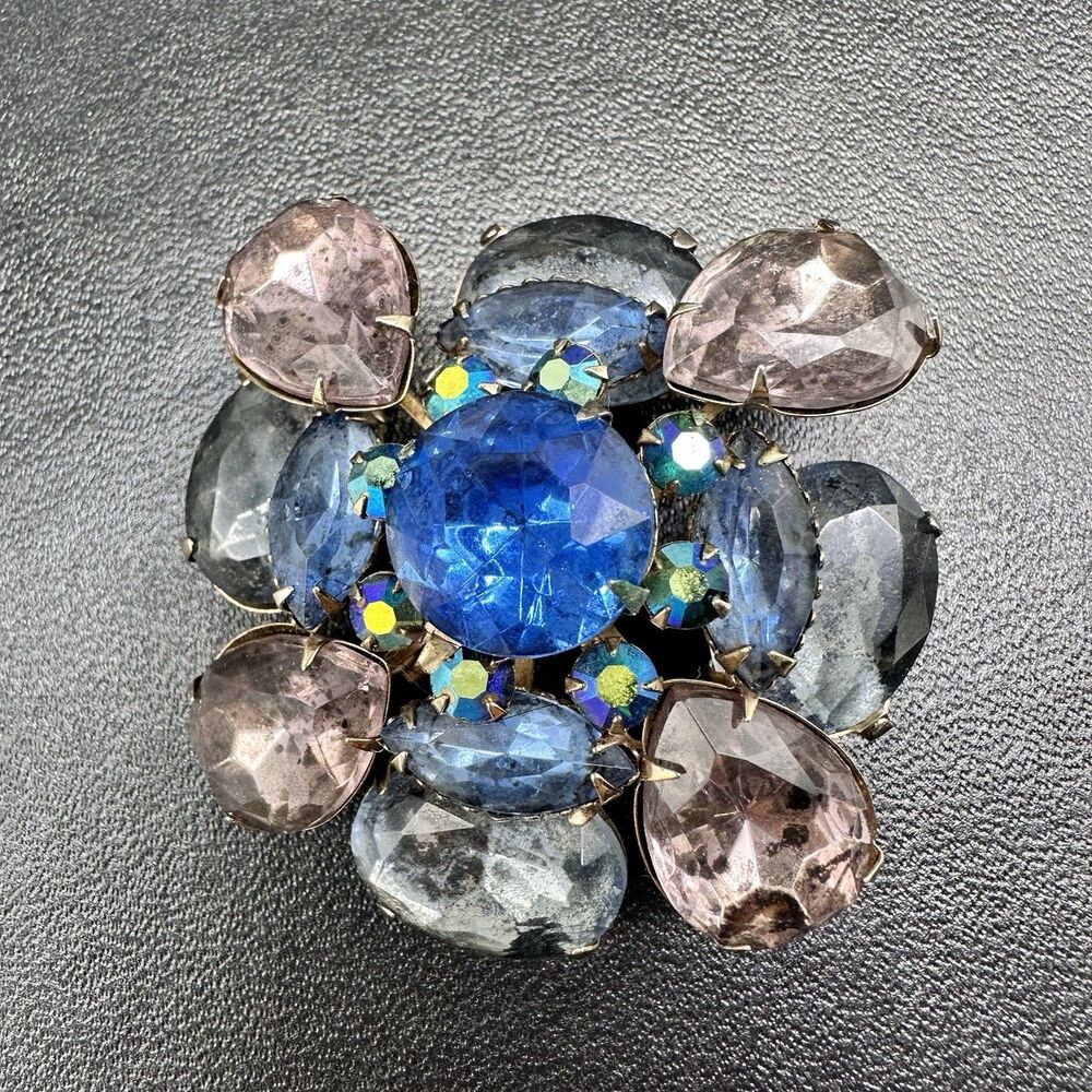 Large 2” Pink & Blue Rhinestone Unsigned Brooch